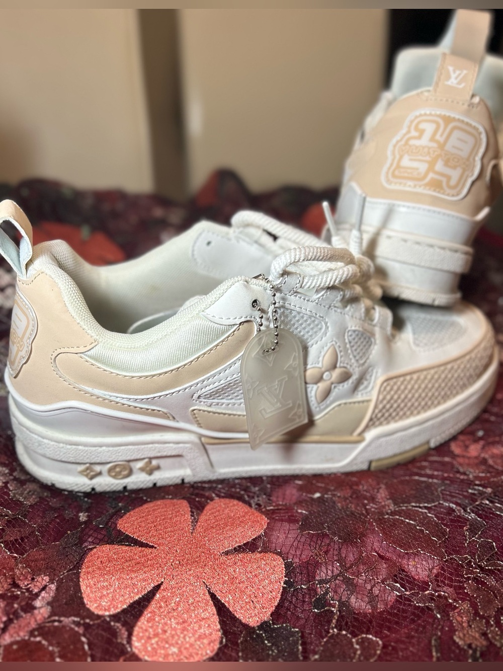 Louis Vuitton White & Beige Designer Low-Top Sneakers | Size: EU: 44